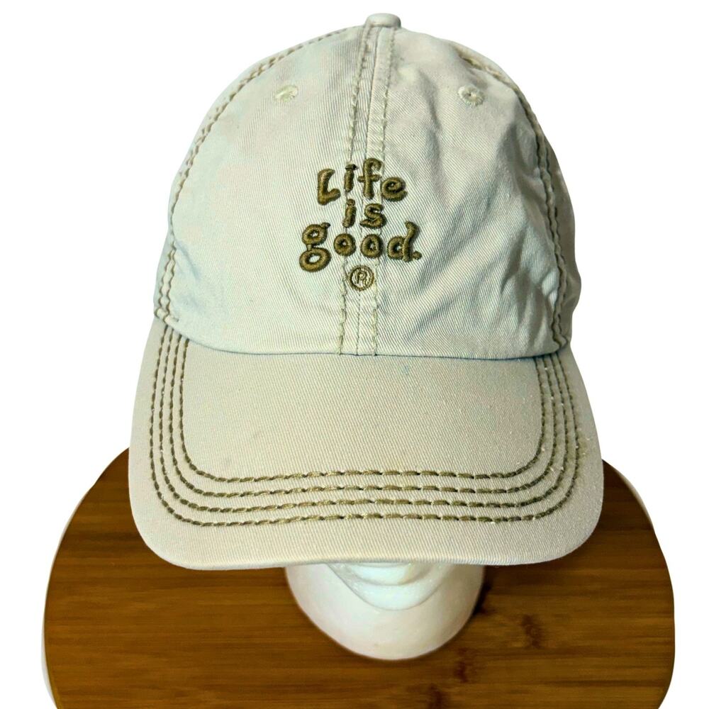 Life is Good Spellout Hat Strapback Cap Dad Beige Thick Contrast Stitch Snap